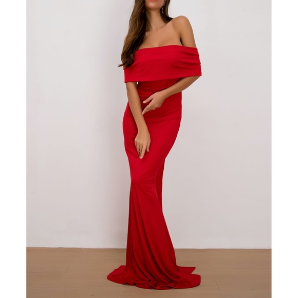 Red Off Shoulder Overlap Special Occasion Dress - Picture 3 of 8